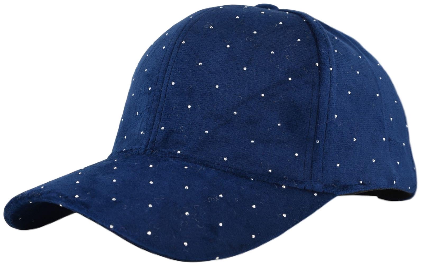 Stylebreaker Women's Dark Blue Baseball Cap With Rhinestone Studs | 6-Panel Velvet Basecap With Curved Visor | Adjustable Solid Color Cap With Hook And Loop Fastener 56-59 Cm,