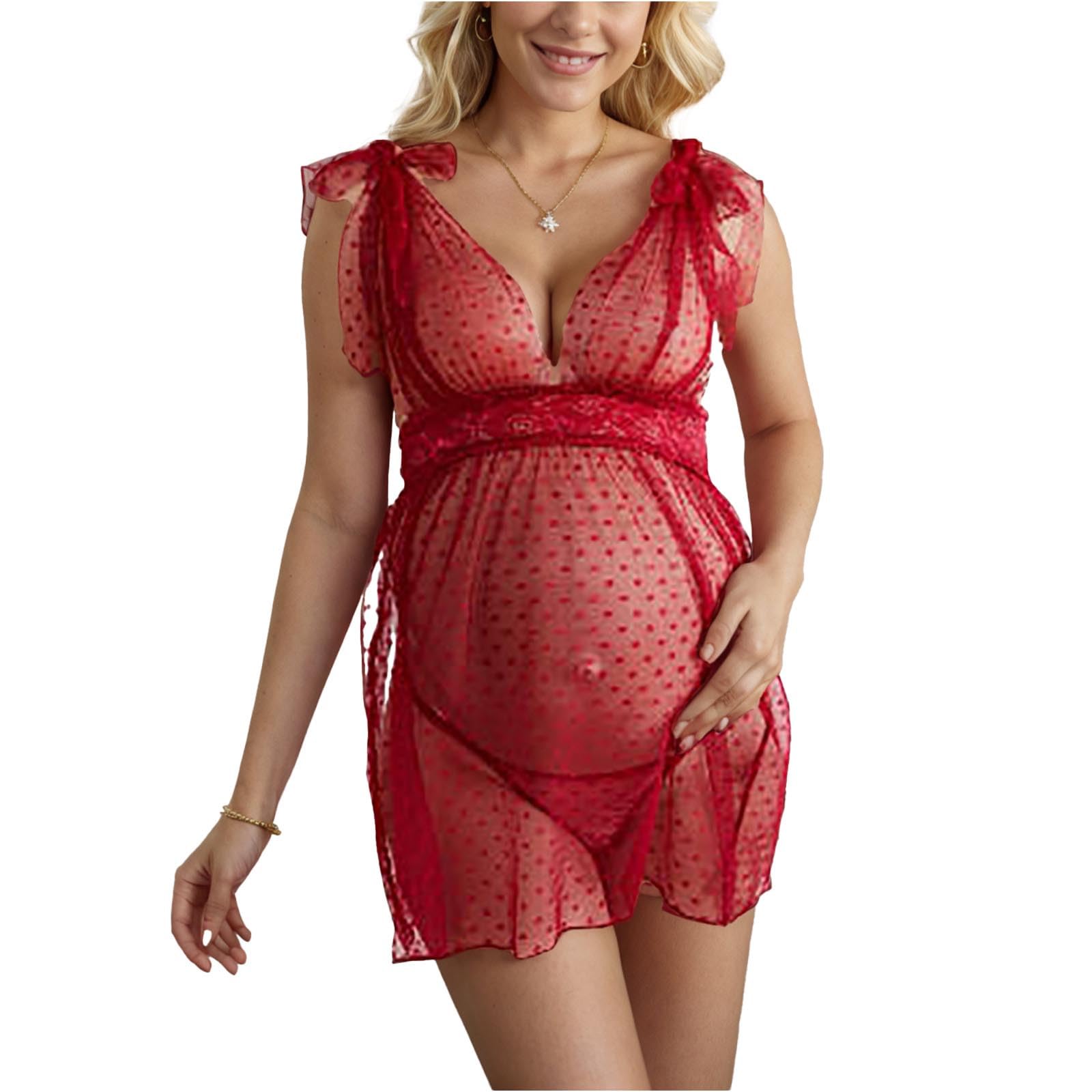 wodceeke Sexy Maternity Lingerie for Pregnant Women Polka Dots Mesh Babydoll Chemise Nightgown Pajama Dress with Thongs