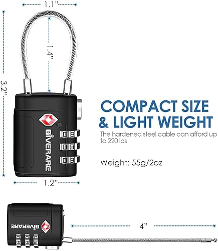 Miniatura 2 de Paquete de 2 cerraduras de equipaje aprobadas por la TSA, aleación de bloqueo de viaje de cable, establece tu propia combinación de candado de metal