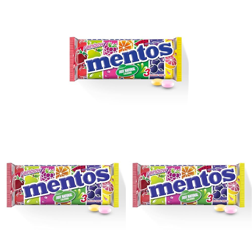Mentos Fruit Dragees, Frucht-Bonbons Orange, Zitrone und Erdbeere, Kaubonbons mit fruchtigem Geschmack, Süßigkeiten (3 Rollen), vegan (Packung mit 3)