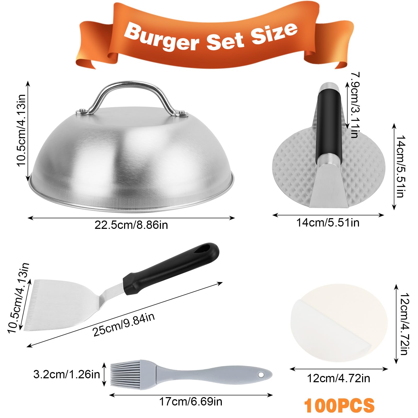Dadabig Hamburger PRO Kit con Pressa Rotonda in Acciaio Inox, Spatola per Grill, Copertura per Hamburger, 100 Carta Antiaderente, Pennello da Forno, Adatto a Campeggio e Grigliate all'aperto