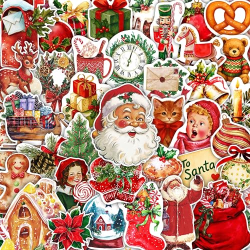 100Pcs Vintage Christmas Stickers for Crafts - Retro Christmas Stickers Gifts - Vintage Xmas Decals for Cards - Gift for Women & Men
