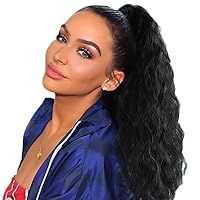 Vista 5 de Human Hair Water Wave Drawstring Ponytail Extensions - Natural Black Corn Wave for Black Women - Clip in Extensions (20")