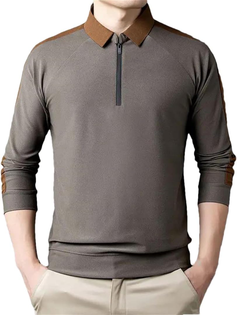 Men Solid Zipper Polo Shirt Long Sleeve Lapel Business Casual Shirts Spring Autumn Top