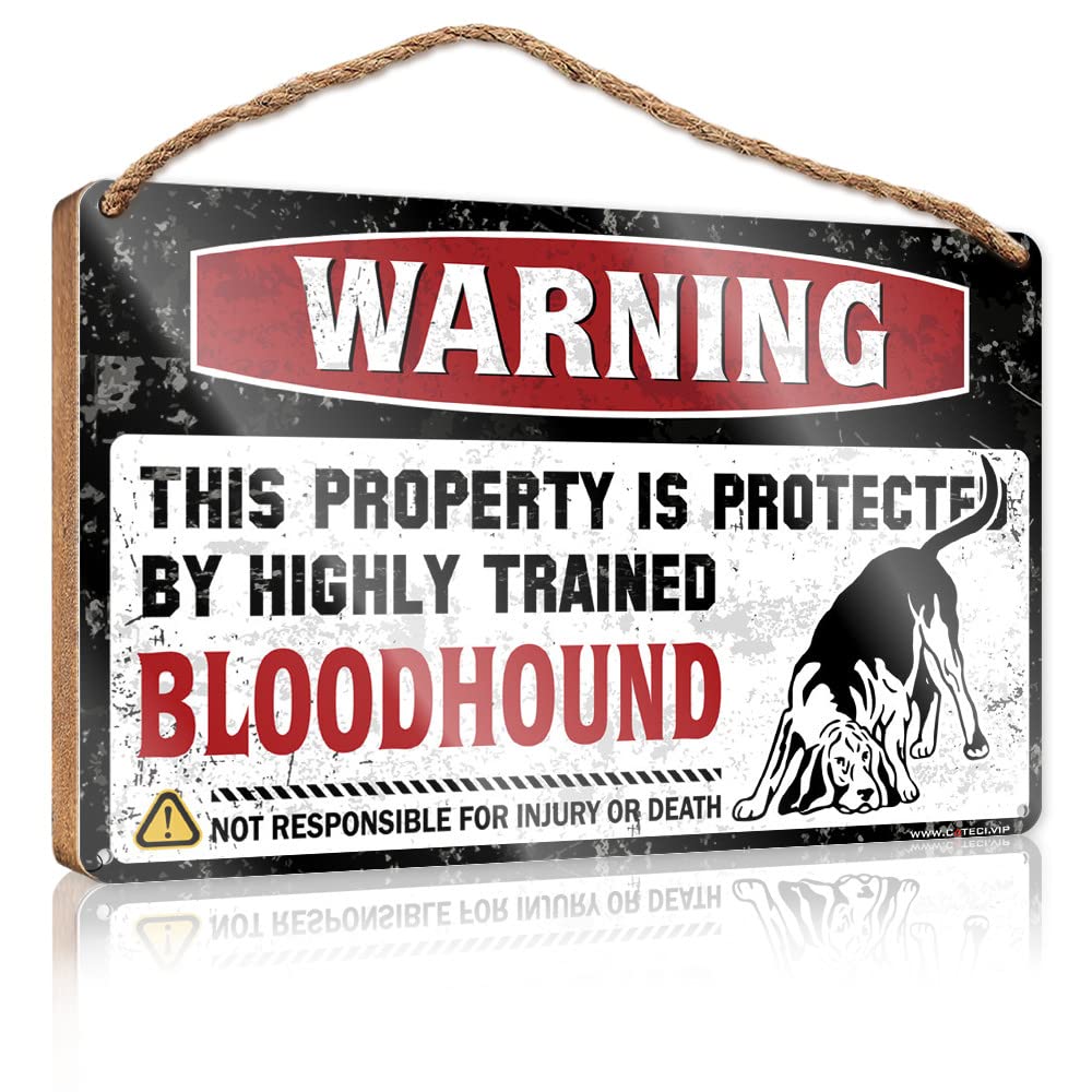 FZFN Wall Hanging Decor Men Warning This Property Is Protected By A Highly Trained Bloodhound Wooden Sign Hanging Signs For Home Decor Outdoor Wall Decor(15X28CM)