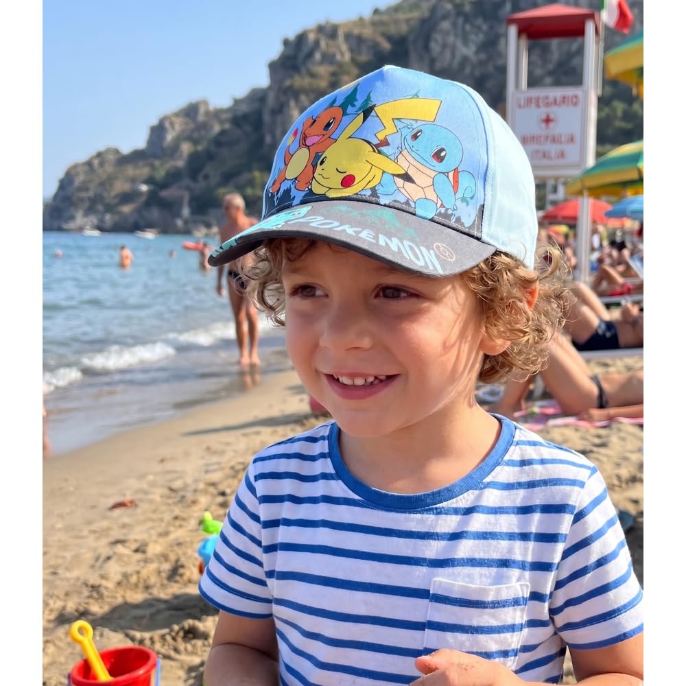 Pokémon Cappellino Bambino Visiera Regolabile Cappello Azzurro Pikachu Charmander Squirtle Bulbasaur 100% Cotone Ufficiale