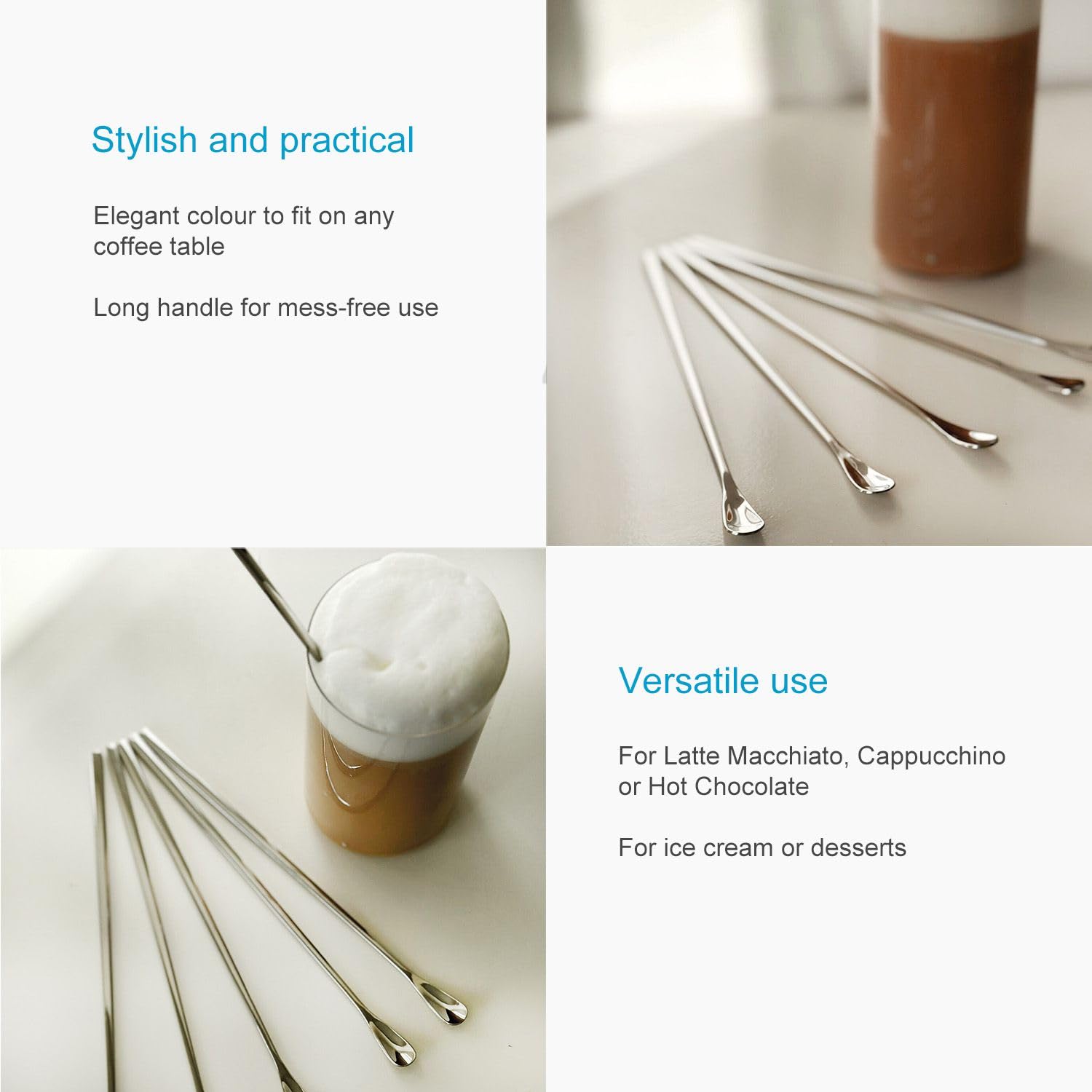 Intirilife Ensemble de 6 cuillères à latte macchiato en acier inoxydable Argenté - Longueur de 22 cm - Cuillères à glace avec manche long, cuillères à dessert, pour café, milkshakes, cocktails