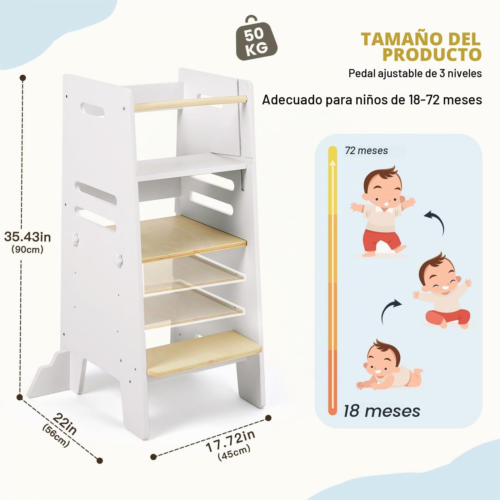 Labebe Torre de Aprendizaje para Niños Desde 1 Año, Learning Tower 3 en 1 con Pizarra y Asiento, Torre de Aprendizaje Ajustable en 3 Alturas, Ayudante de Cocina Seguro de Madera