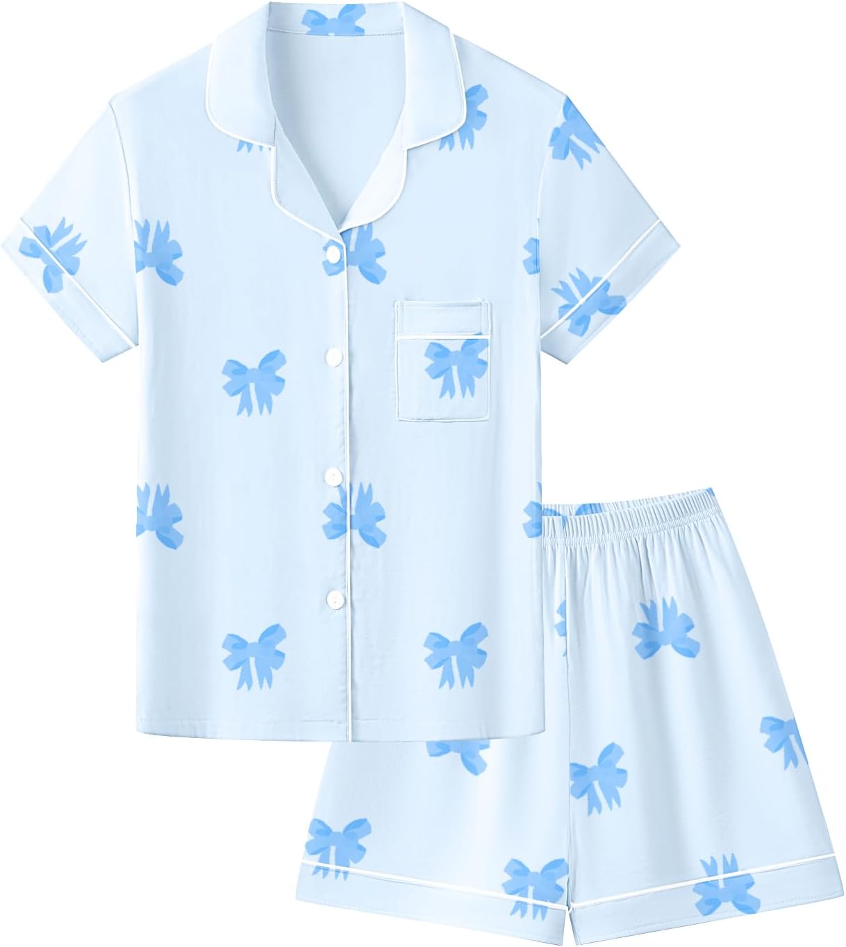 Schbbbta Girls Button Down Pajamas Set Kids 2 Piece Bamboo Viscose Cotton Short Sleeve Pjs Soft Sleepwear Loungewear