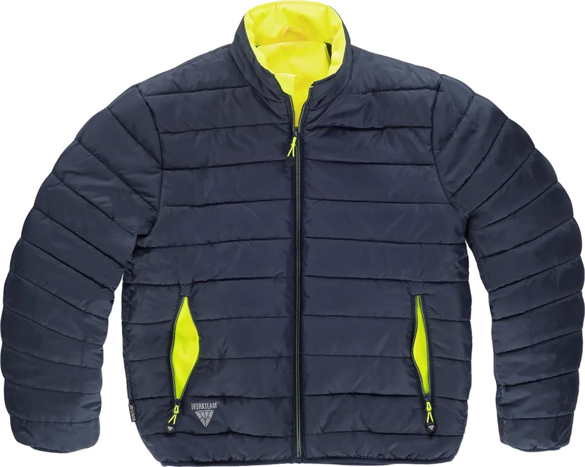 WORKTEAM Cazadora Reversible Acolchada Alta Visibilidad Clase 2 ISO 20471, Cintas Reflectantes Segmentadas, Cuello Alto, Bolsillos con Cremallera, Ropa Laboral Unisex