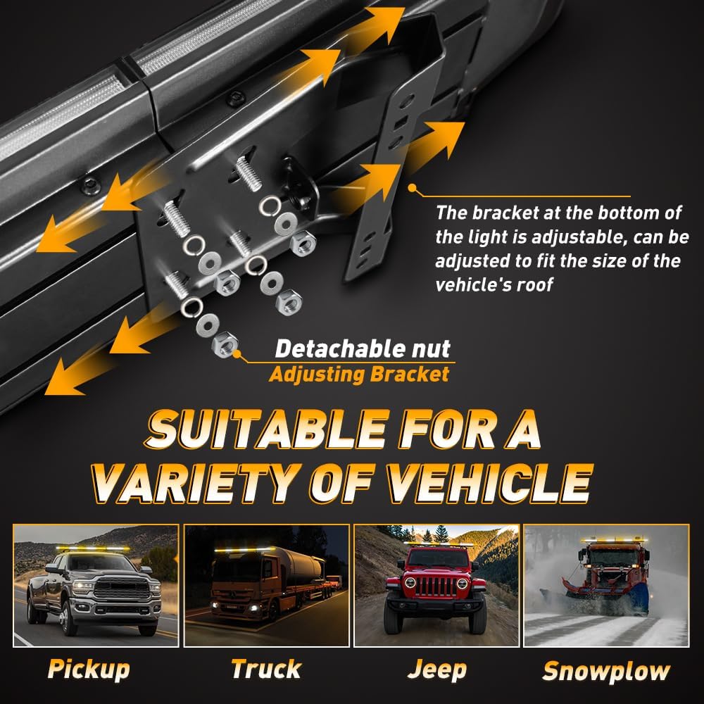 ASPL 282 LED Low Profile Emergency Strobe Light Bar 47" Roof Top Warning Hazard Flashing Security Traffic Advisor/Controller / 27 Patterns Lights for Tow Truck Construction Vehicle (Amber/White)