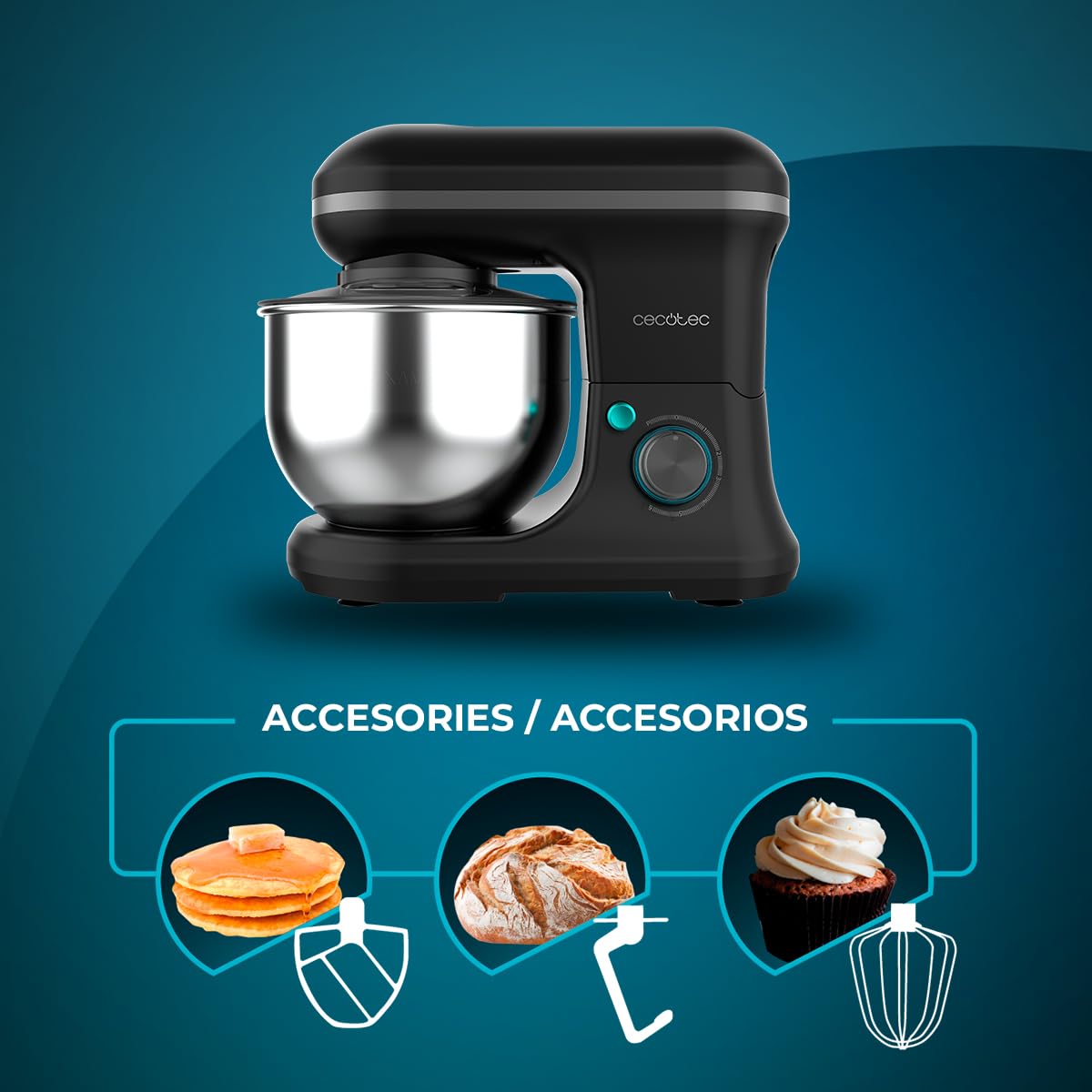 Cecotec Batidora Amasadora Cecomixer Merengue 5L 1200 Black, 1200 W en 6 Niveles, 5 Funciones, Movimiento Planetario, Diseño Elegante, Bol de Acero de 5 L y Accesorios para Batir y Amasar