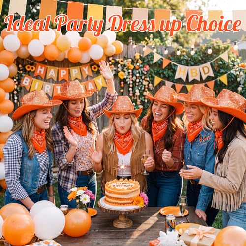 Image of Coume 12 Pcs Sparkly Adults Cowboy Hat and Bandanas Women Men Western Glitter Cowgirl Party Hats with Adjustable Drawstring