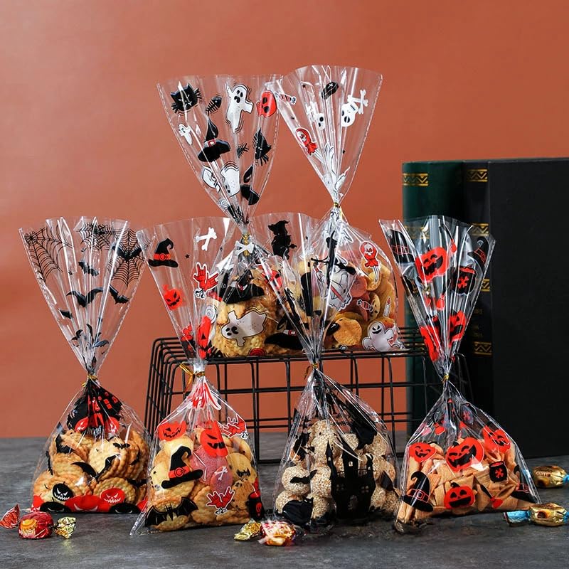 YNGRUE Halloween Cellophane Candy Bags - 100 Clear Trick Or Treat Bags With Twist Ties