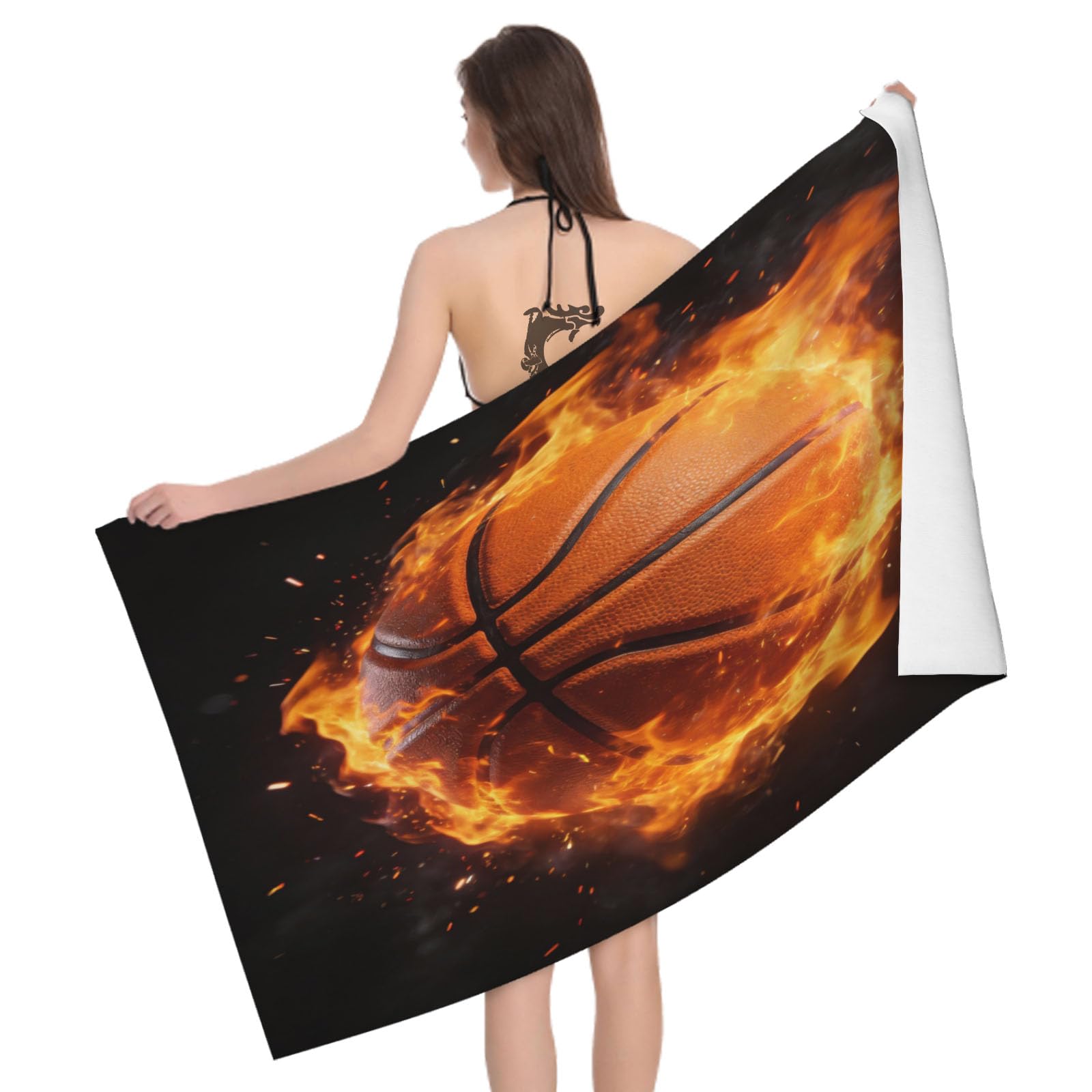 Leichong 3D Flame Basketball Beach Towel Microfiber Soft Quick Dry for Adults, Sports Theme Bath Towel Lightweight Soft Absorbent for Travel Swimming Pool Sports, 75 x 150 cm