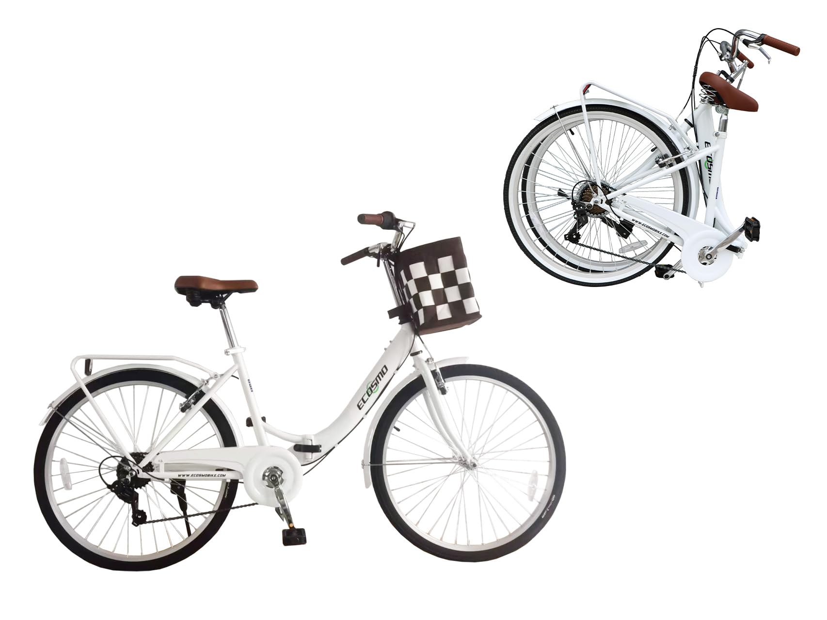 ECOSMO 26" Ladies Folding Bike - Women's bike with 7-Speed Shimano Gears, Sturdy Frame, Fold Up Bike for City Commute, Folding Bicycle with Rear Rack+ Front Basket, Fitness Bike for Adults 150-180cm