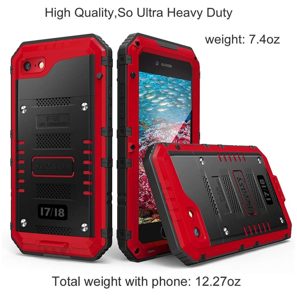 Beeasy Coque Étanche pour iPhone 7/8/SE 2022/2020– [IP68 + Protection Militaire 360°] Métal Renforcé, Protège-écran Intégré – pour Extérieur & Chantier - Rouge