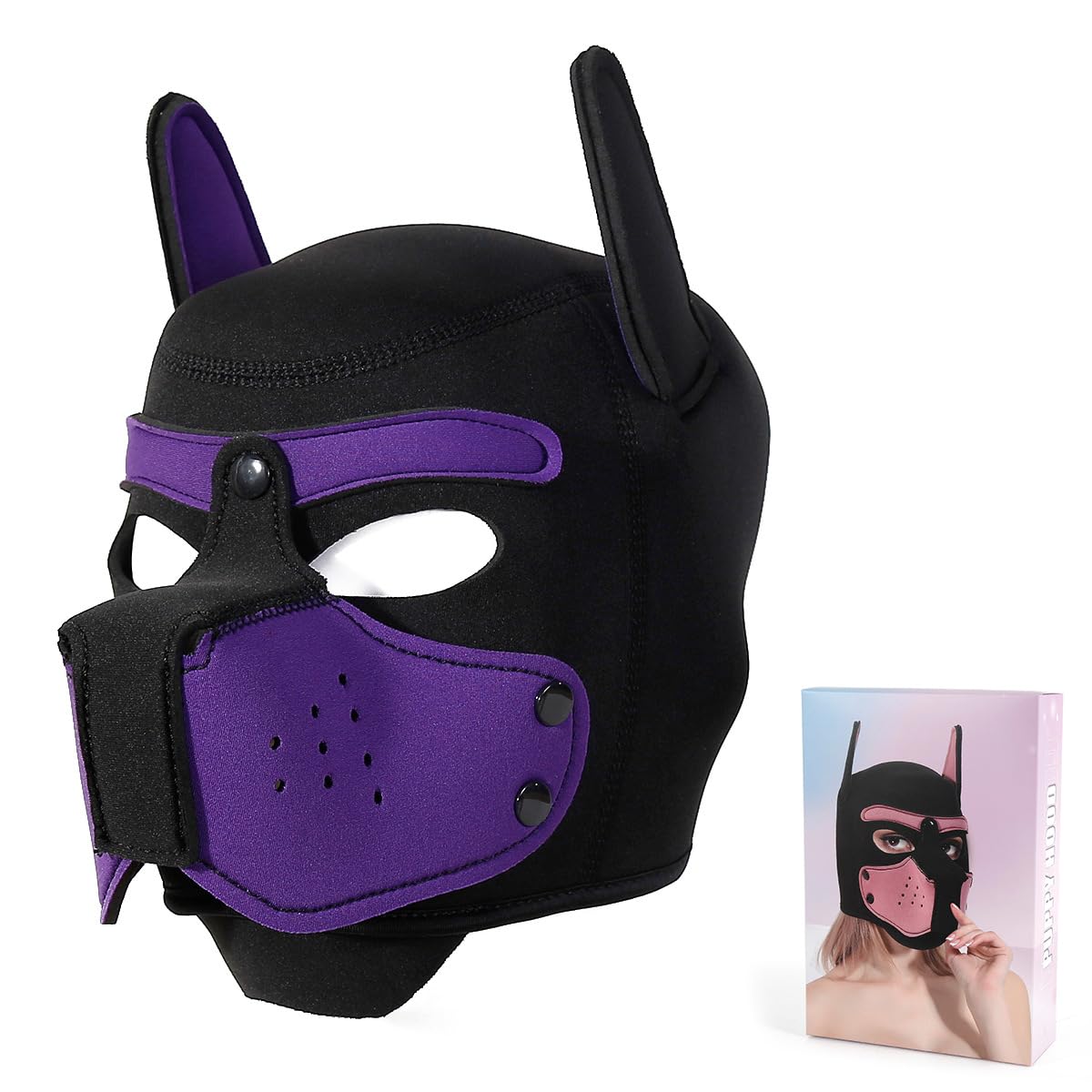 Adults Neoprene Puppy Hood Mask, Removable Cosplay Dog Full Face Pup Hood Pup Mask for Halloween (Purple)
