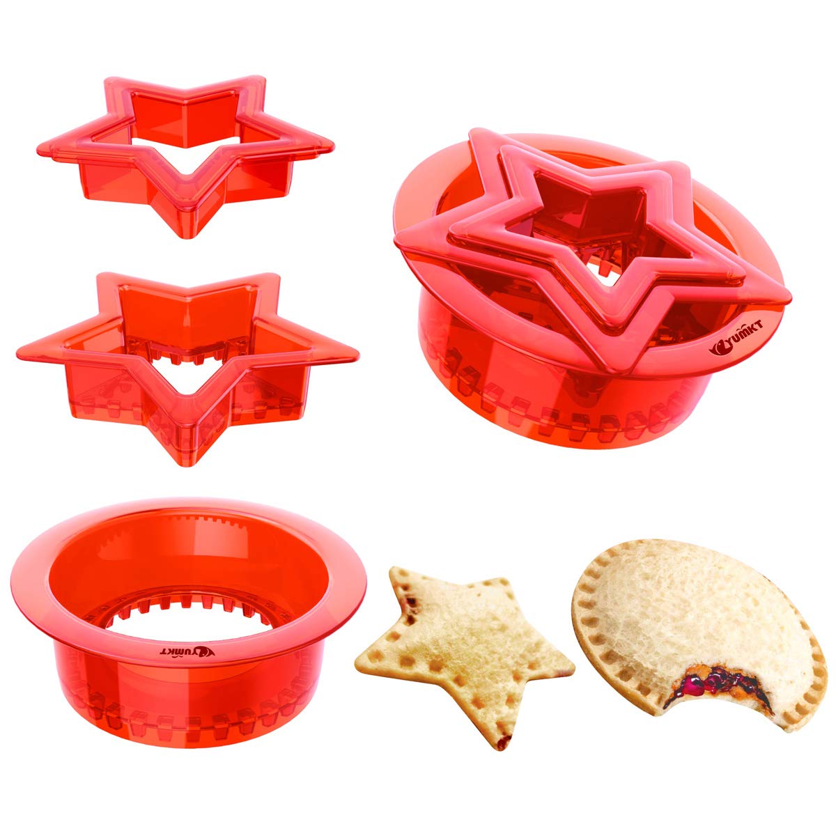 3 PCs Uncrustables Peanut Butter and Jelly Sandwiches Pie Cutter for Kids, YUMKT Star Round Sandwich Cutter and Sealer for Kids Breakfast Sandwich Maker,Sandwich Cutters Bento Accessories, Red