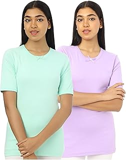 طقم فانلة بقصة عادية نصف كم برقبة دائرية 2 قطعة للنساء من دهب