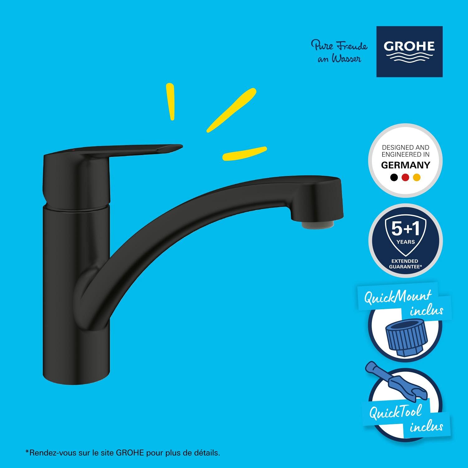 GROHE Start Mitigeur Monocommande Evier, Robinet de Cuisine (Bec Bas, Rotation 140°, Installation Facile avec GROHE QuickMount), Taille 184 mm, Noir Mat, 305302432