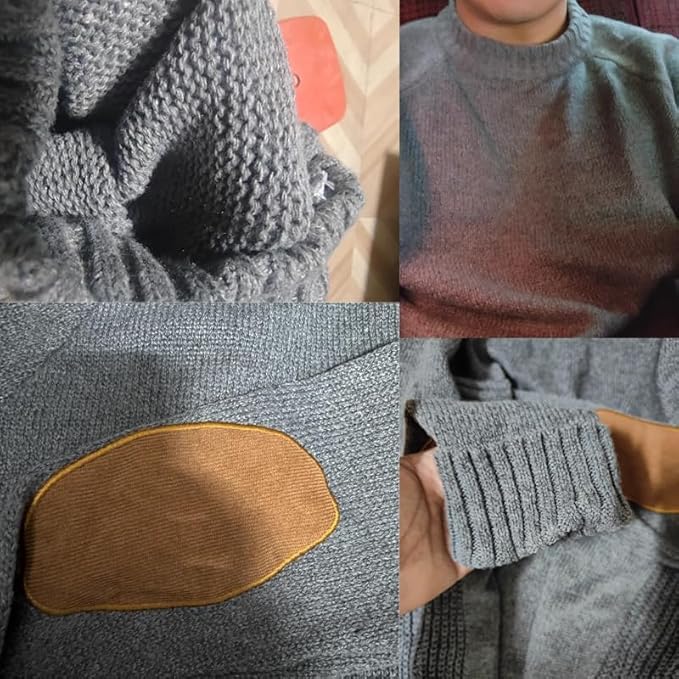 Mens Sweater with Elbow Patches, Vintage Crew Neck Knitted Sweaters for Mens,Crew Neck Elbow Patch Thick Knit Sweater2
