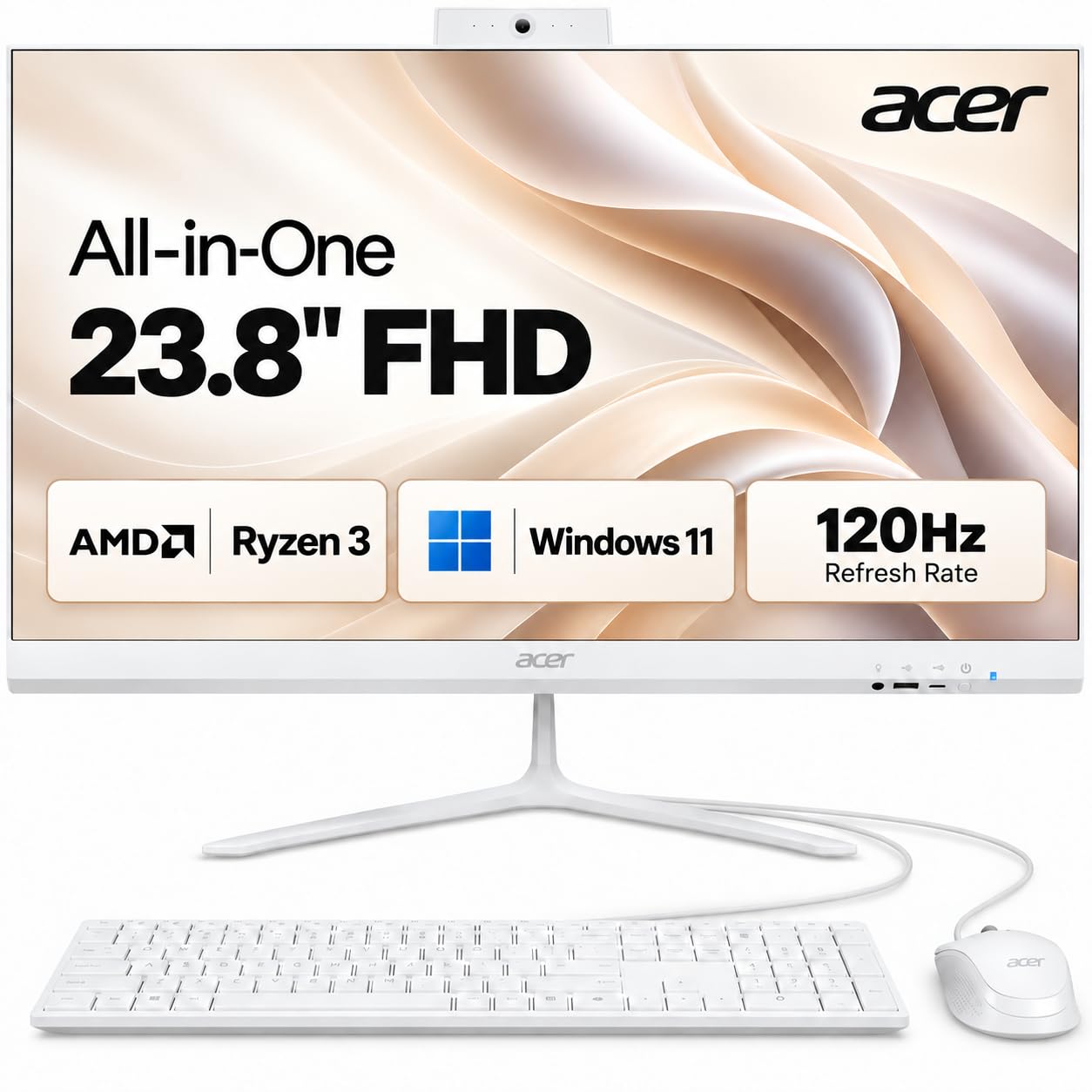 Acer Aspire C24 All-in-One Desktop Computer, 23.8" FHD IPS 120Hz Display, AMD Ryzen 3 30 Quad-Core, 8GB LPDDR5 RAM, 256GB SSD, Radeon 610M, Wi-Fi 6E, Windows 11 Home, Wired Keyboard & Mouse, White