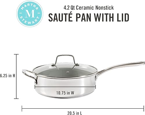 Miniatura 2 de Martha Stewart Delaroux - Sartén antiadherente de acero inoxidable de 4 cuartos de galón sin PFAs de alta calidad con tapa de vidrio templado