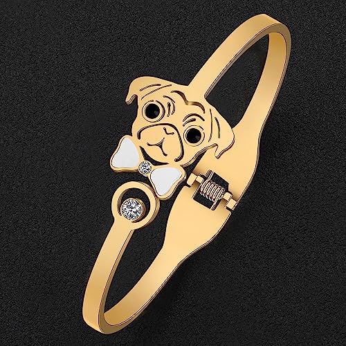Image of WEVENI Cute Pug Gifts For Pug Lovers Stainless Steel Shell Pug Bracelet Cuff Bangle 18k Gold Plated Pet Dog Bangles Jewelry Charms Pugs Mom Gifts