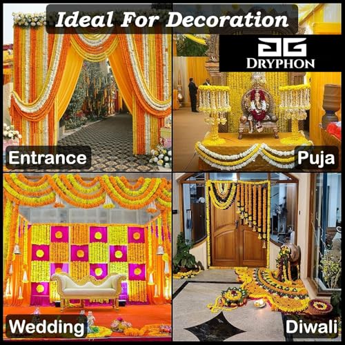 Image of Marigold Garlands Decoration with Bell, Artificial Flowers for Decorations Hanging Garlands for Home Decorations, Ganpati Decoration /Diwali Decoration for Home Decor- (Yellow, Pack of 20)