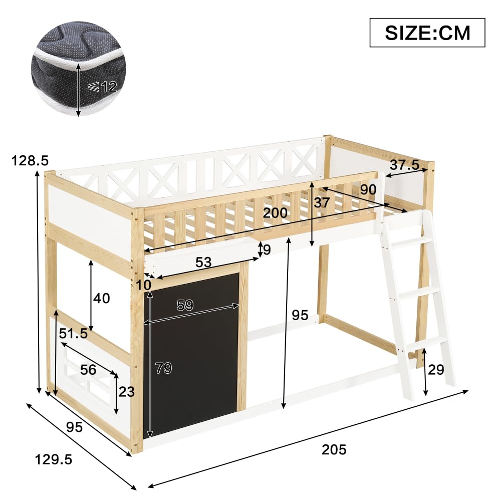 Lit mezzanine 90 x 200 cm, lit enfant avec petit tableau à peindre avec récipient,lit superposé enfant garde-corps de sécurité, espace de rangement réglable individuellement sous le lit, blanc