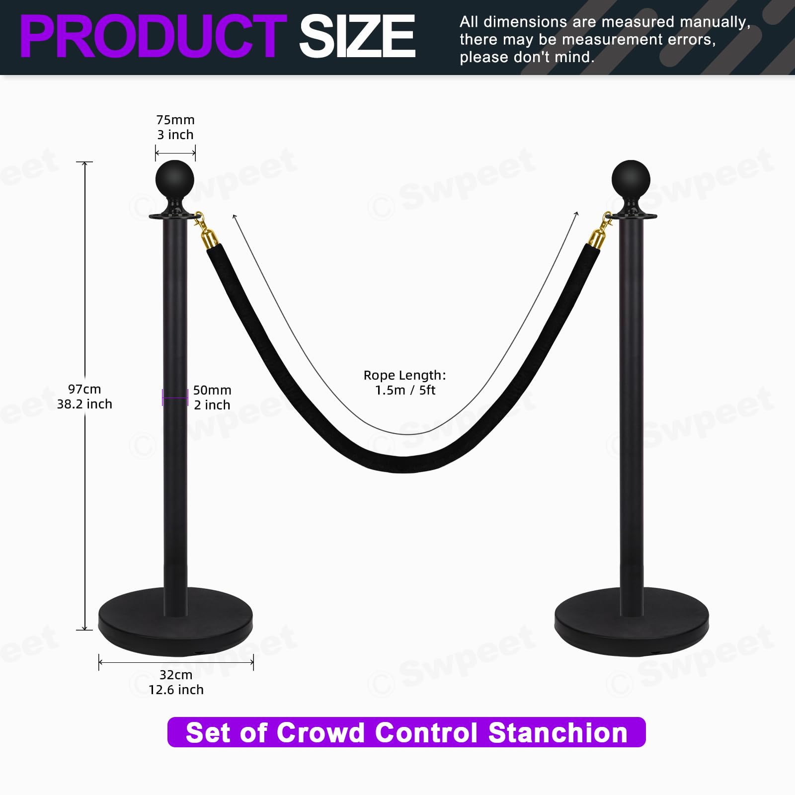 Swpeet 34Pcs Black Stanchion Post Queue Kit con Cuerda de Terciopelo Negro 5 Pies, Postes 38 Pulgadas, Base Metálica