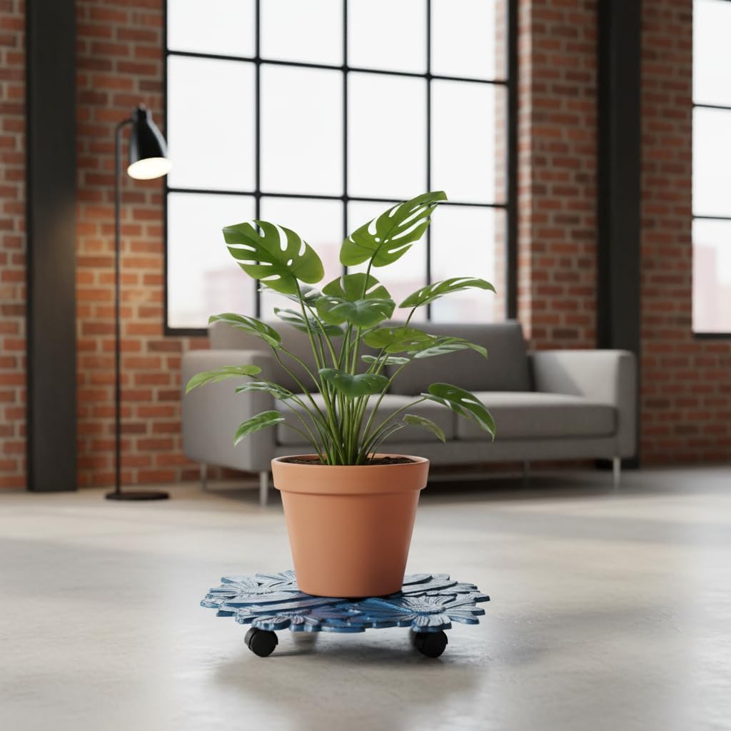Comfy Hour 14" Flower & Dragonfly Cast Iron Plant Caddy with Wheels, Heavy Duty Rolling Flowerpot Stand, Decorative Plant Dolly for Large Pots, Artisan Crafted Metal Base, Blue, 1 Unit