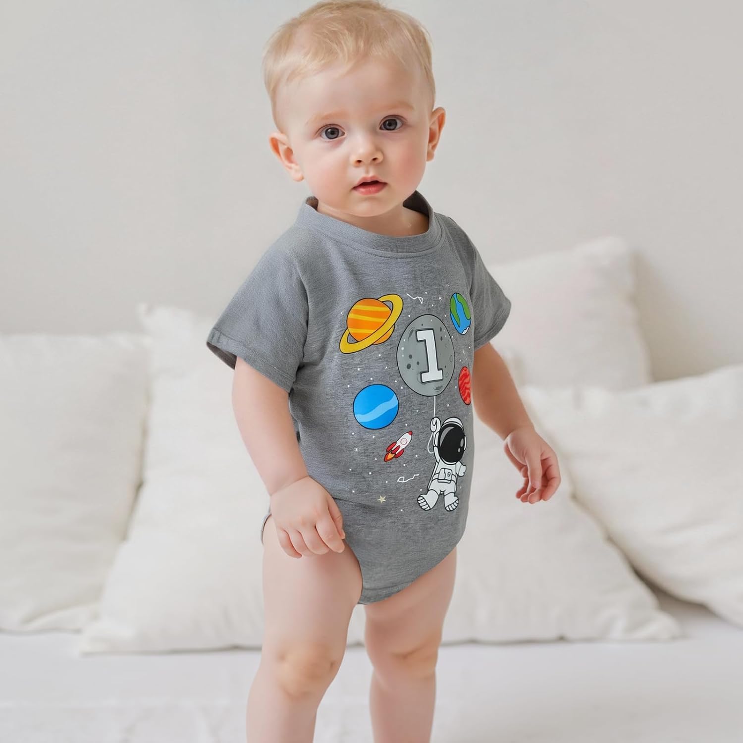 Bagilaanoe Space Astronaut First Birthday Outfit Baby Boy One Year Old Birthday Romper Short Sleeve Bodysuit Shirt - Image 2
