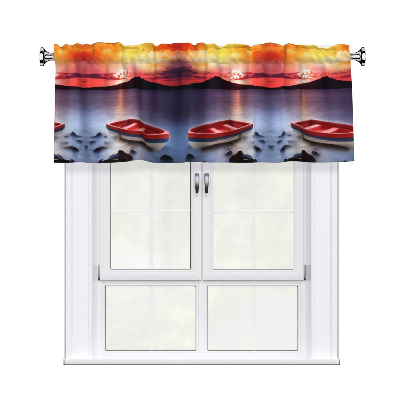 WHJDPP Red Fishing Boat Prints Charming Kitchen Window Cover – 54x18 Inch Peach Skin Valance with Decorative Print