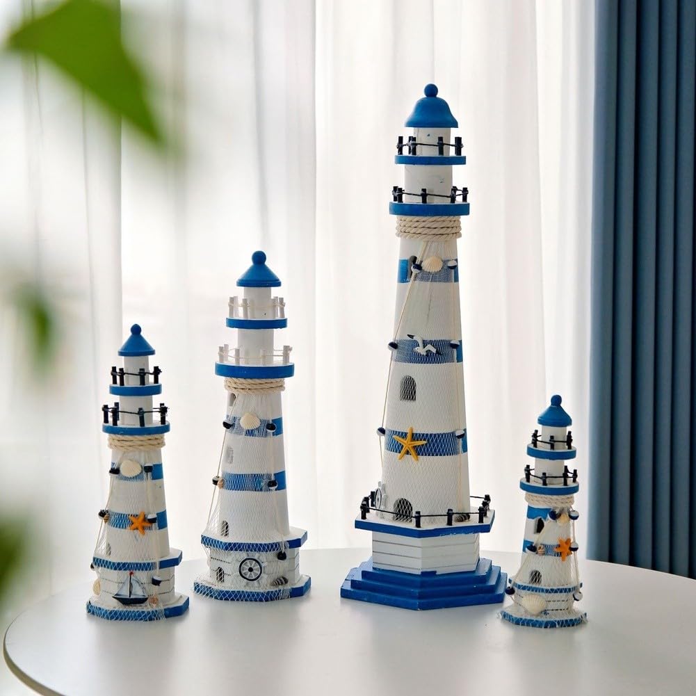 Leuchtturm-Ornament aus Holz, mediterraner Stil, handgefertigt, Küstendekoration, Schreibtisch-Regal, maritimes Thema, Schreibtischzubehör
