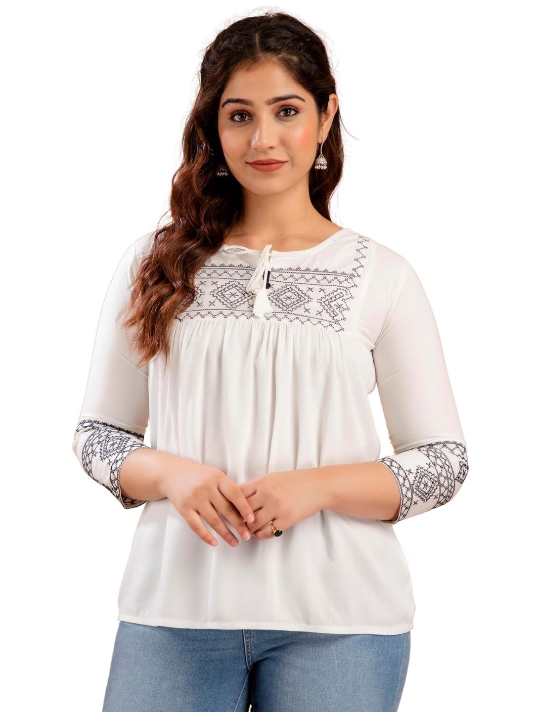 Avayayat Short Kurti for Women| Embroidered Straight Rayon Kurta | Round Neck Full Sleeves Short Kurti | Tunic Tops for Women for Women's