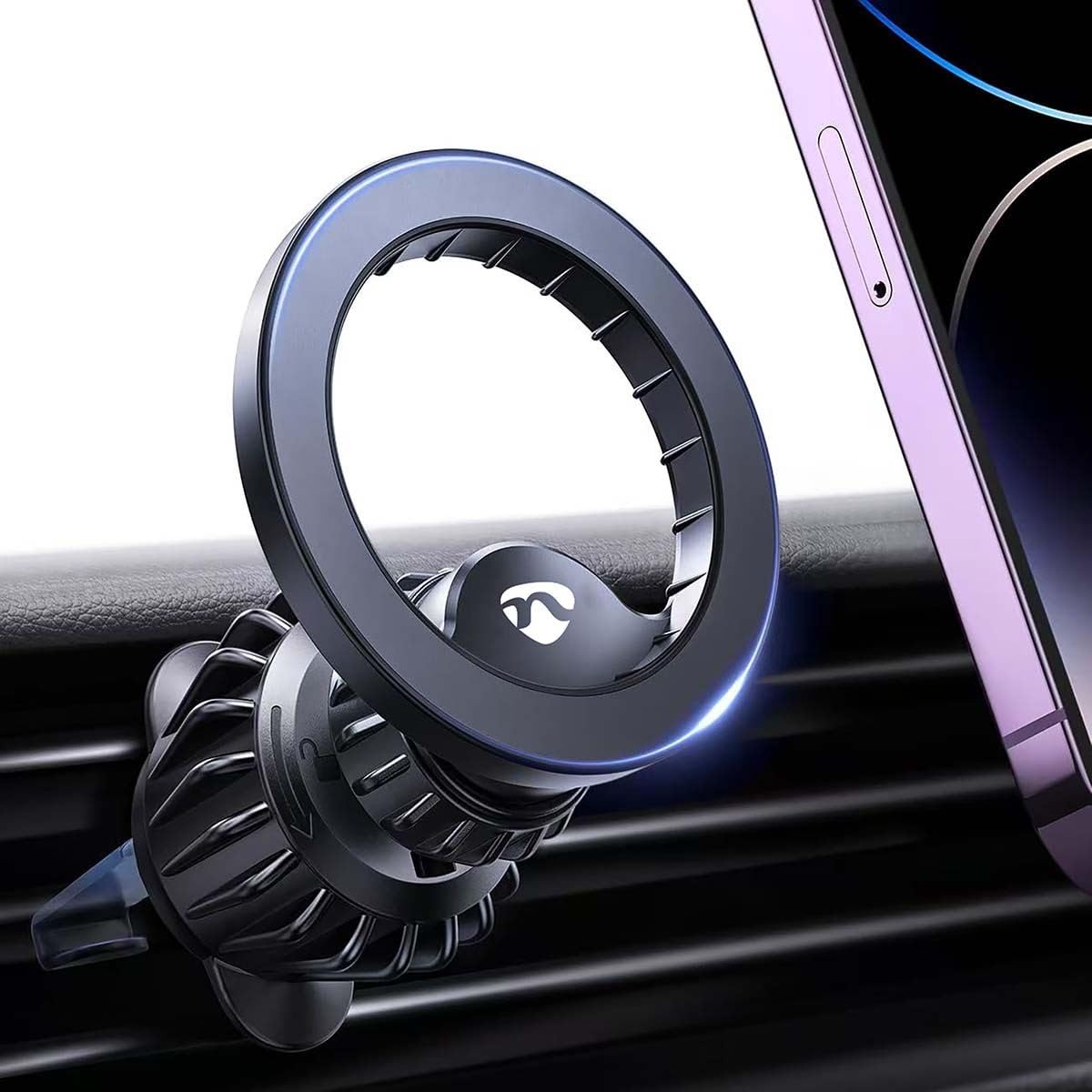 NEDIS Magnetyczny uchwyt samochodowy na telefon, uniwersalny uchwyt na odpowietrznik z obrotem o 360 stopni, zawiera magnetyczny pierścień na palec, kompatybilny ze smartfonami MagSafe, czarny
