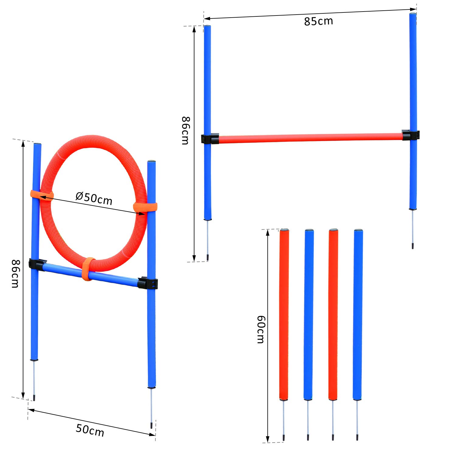 PawHut Agility-Übungs-Set Slalom-Hürden-Sprungring 3 in 1 Hundesport Trainingsplatz PE Blau+Rot