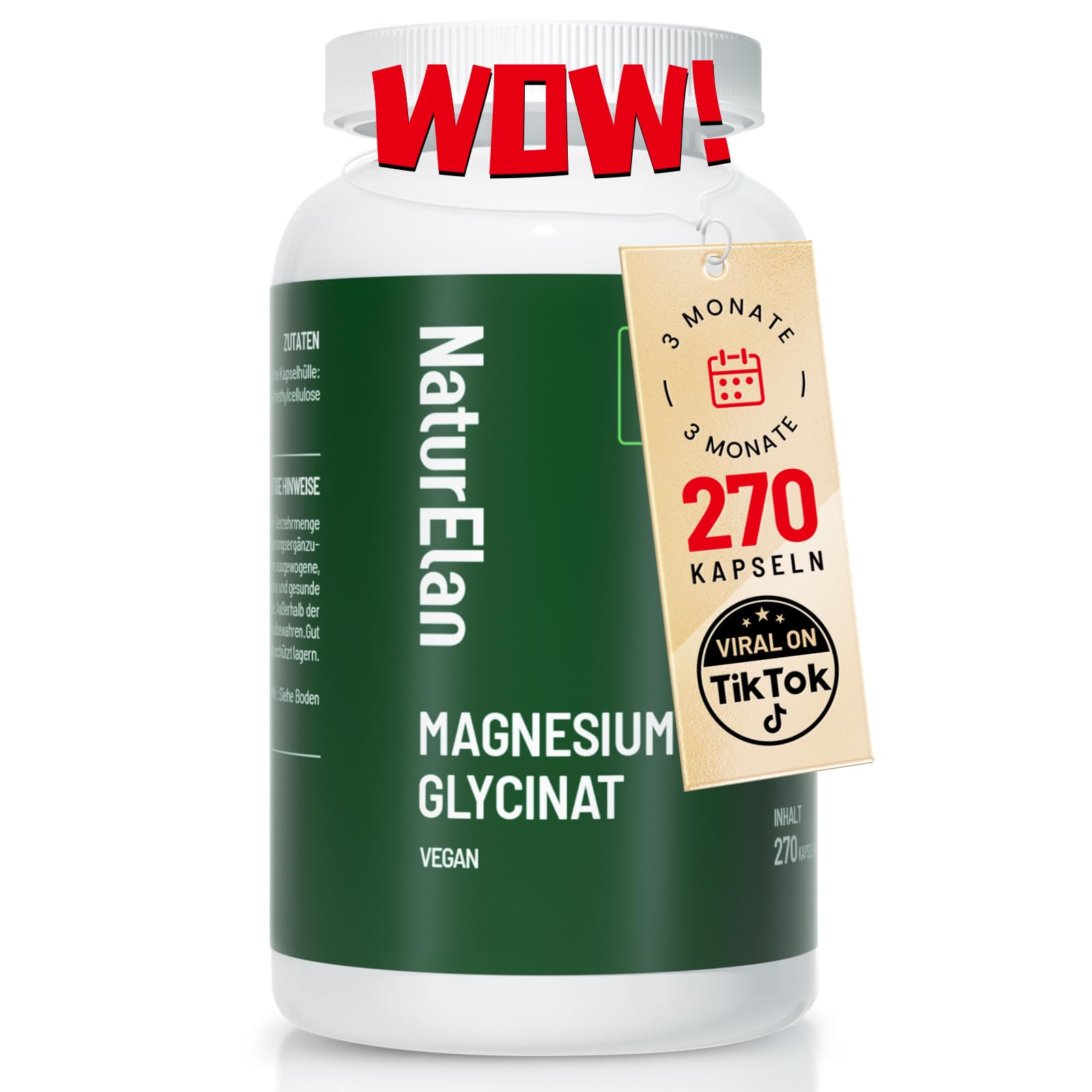 Magnesium Glycinat Hochdosiert Kapseln 270x - 300mg Magnesium pro Tagesdosis, Vegan, Premium: Chelatiertes Magnesiumbisglycinat, hochdosiert