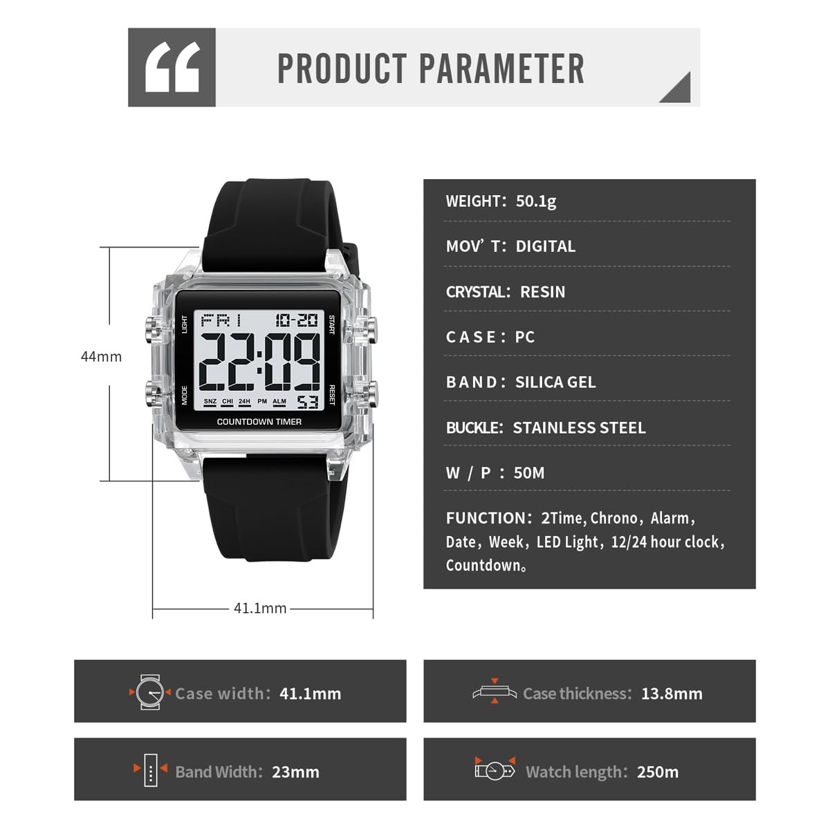 findtime Montre numérique étanche pour homme avec rétroéclairage LED, alarme, chronomètre, compte à rebours