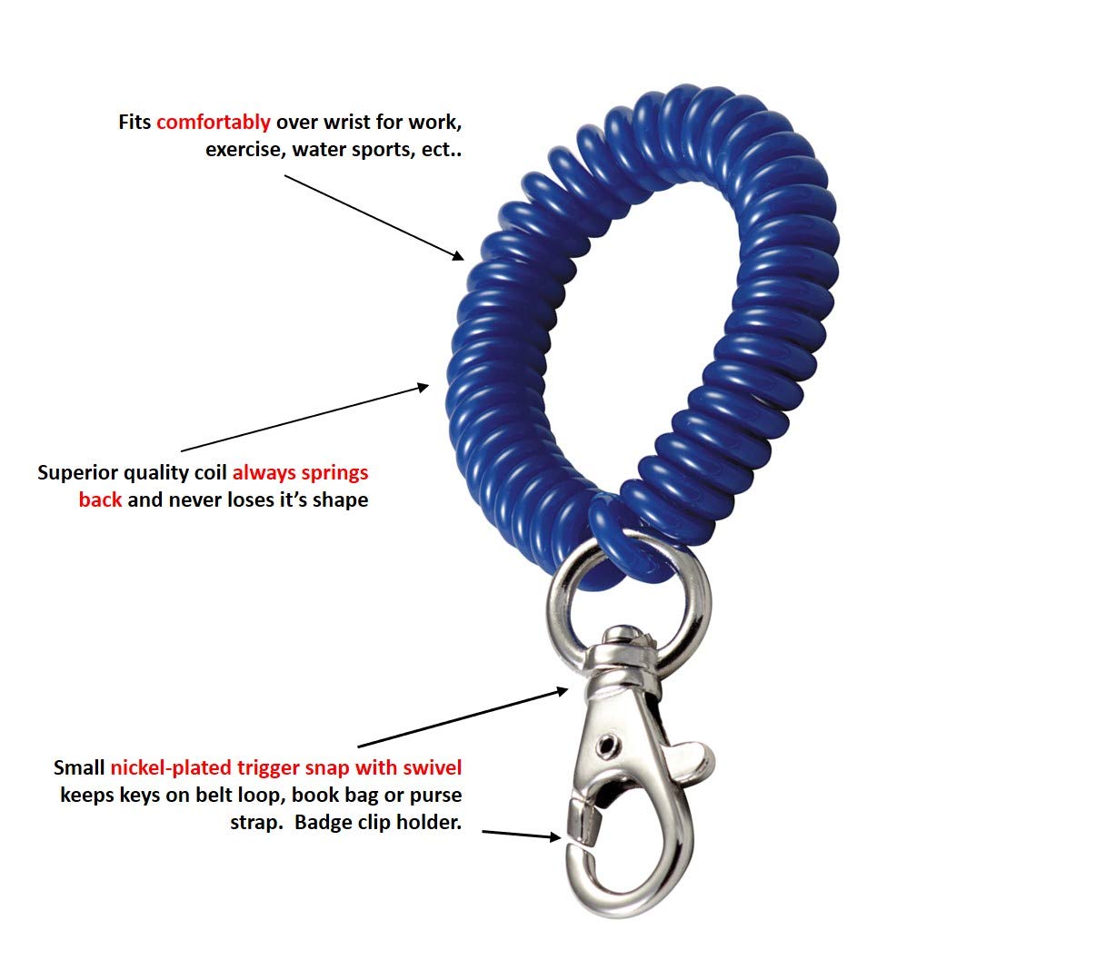 Lucky Line 2” Diameter Spiral Wrist Coil with Trigger Snap, Flexible Wrist Band Key Chain Bracelet, Stretches to 12”, Blue (407351)