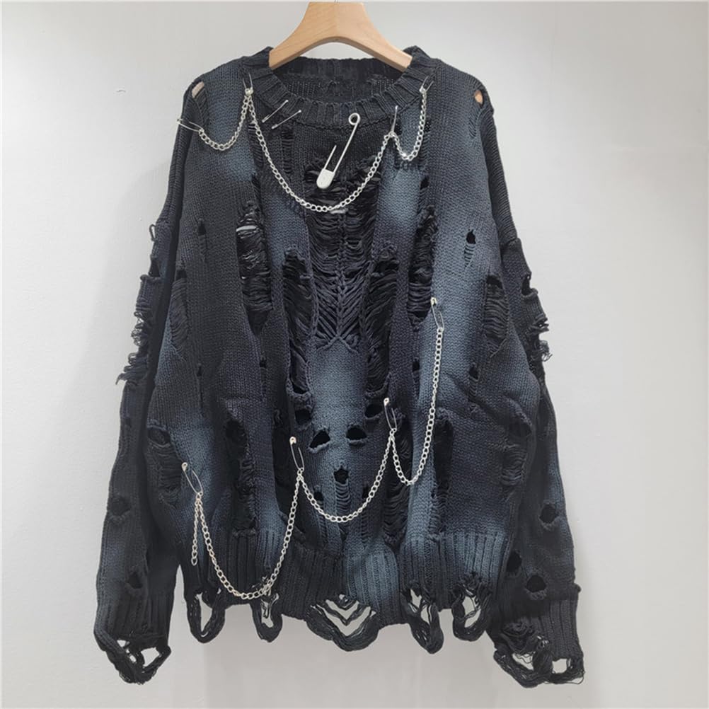 Damski gotycki sweter oversize z długim rękawem, wycięciami, okrągłym dekoltem, podarty sweter, bluza dziergana