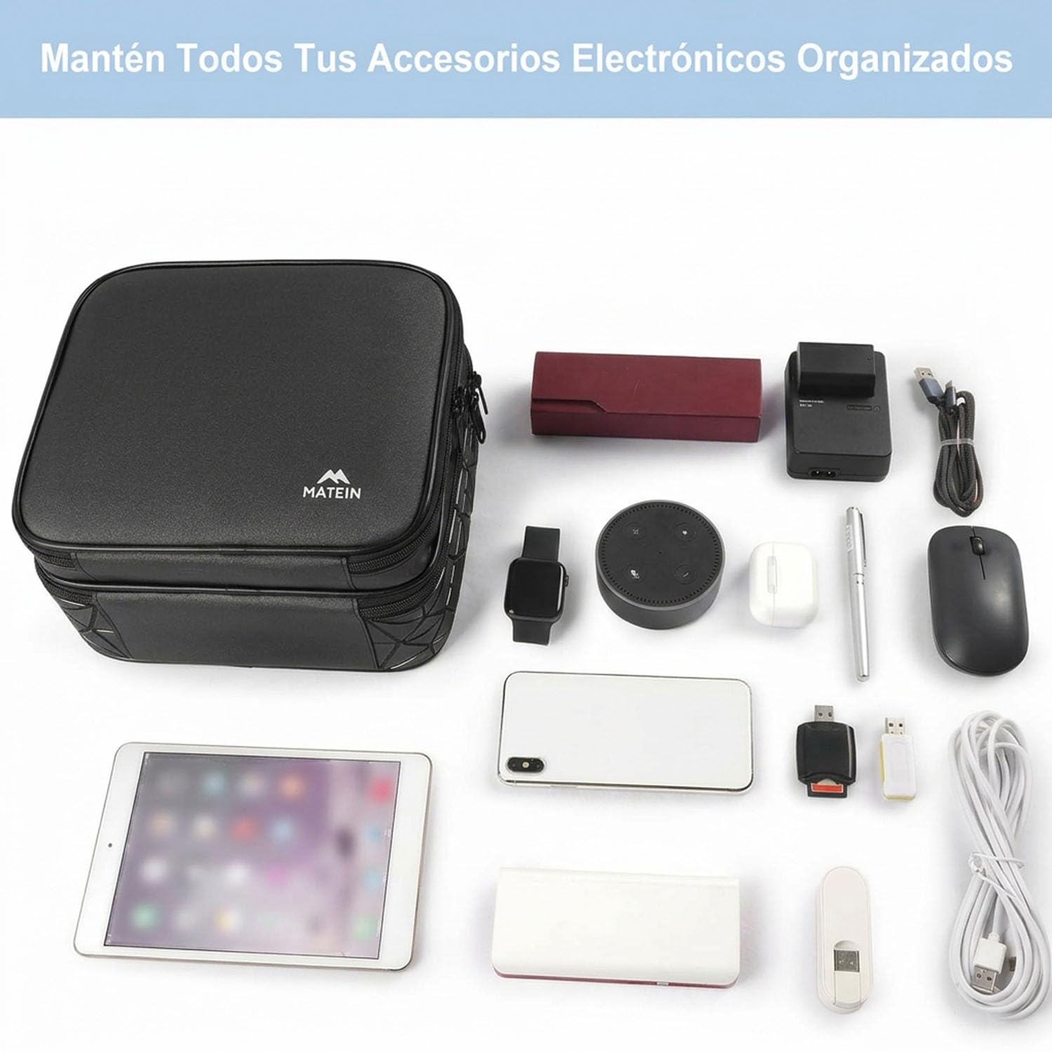 MATEIN Organizador Cables Viaje con Separadores Ajustables, Bolsa para Cables y Accesorios Electrónicos, Estuche Doble Capa Portátil Antigolpes Impermeable para Cargadores y Equipos de Música, Negro