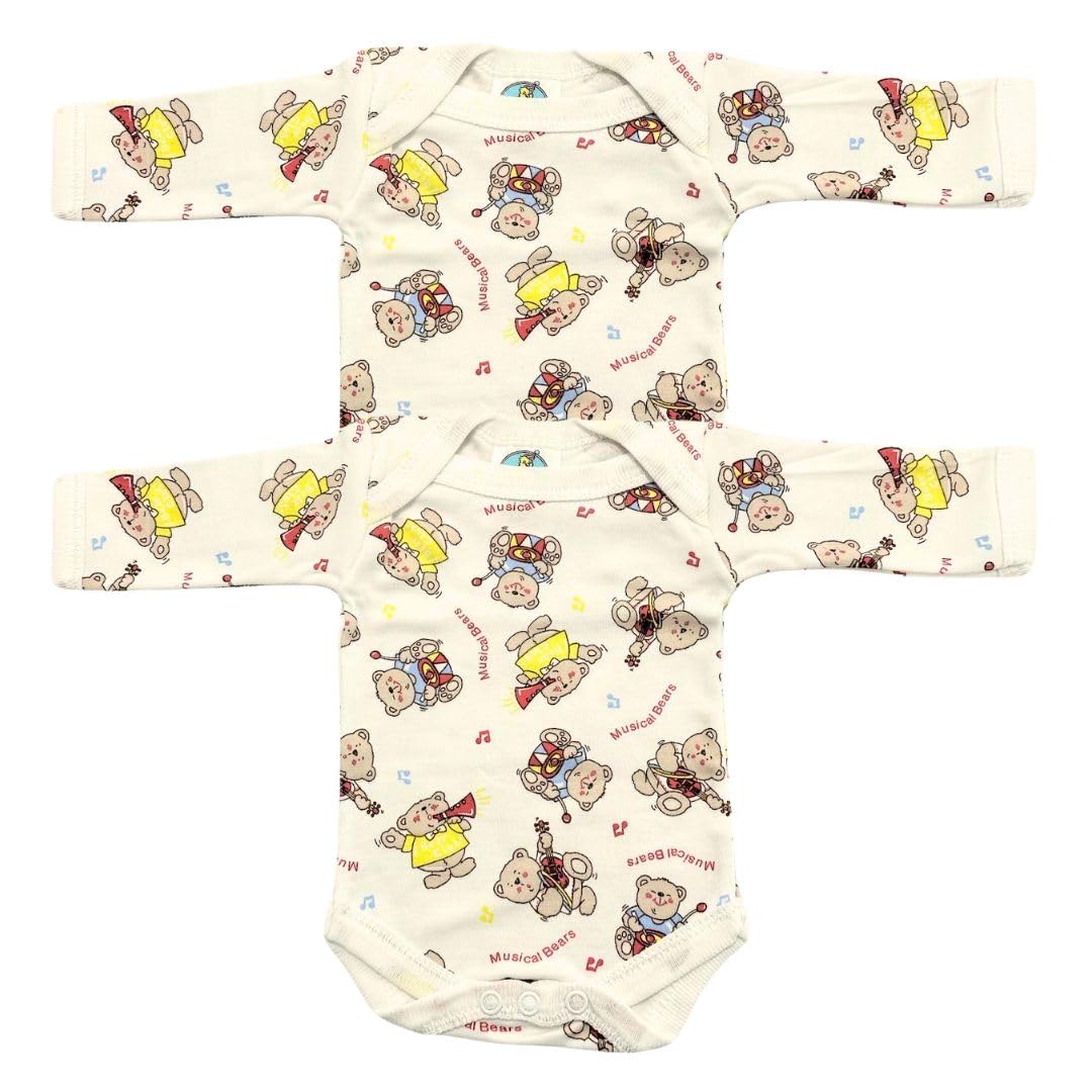 Junior Joy – 2 Pack Baby Cream Printed Bodysuits for Premature Babies, Envelope Neck, Long Sleeves, 100% Cotton, Popper Fastening for Easy Nappy Changes