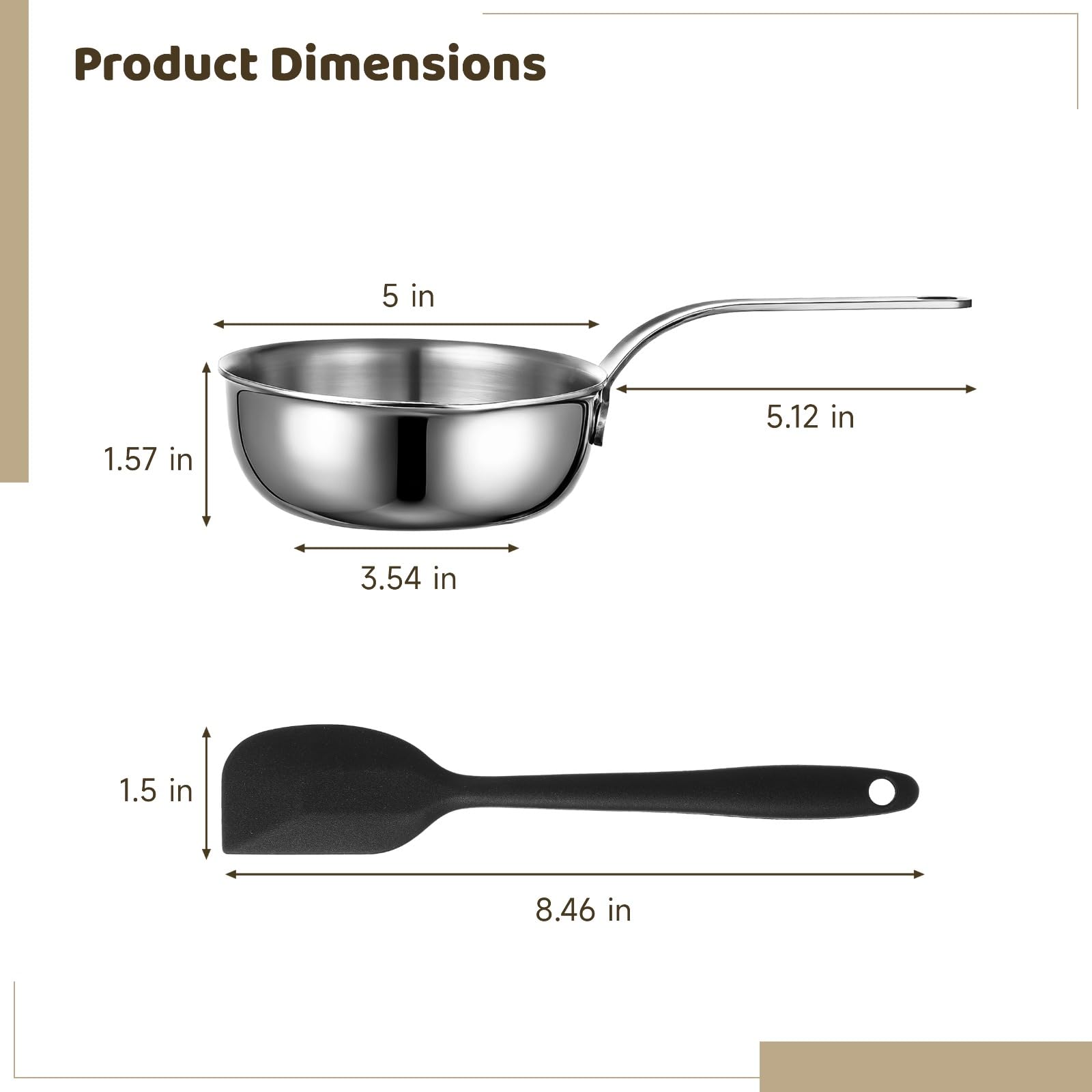 2 Stück Mini-Saucenpfanne und Silikonspatel-Set, 5-Zoll Edelstahl-Butterwärmer, Pfanne ohne Beschichtung, Eierpfanne mit Spatel, 304-Stahl kleiner Kochtopf für Einzelportion, für alle Herdarten