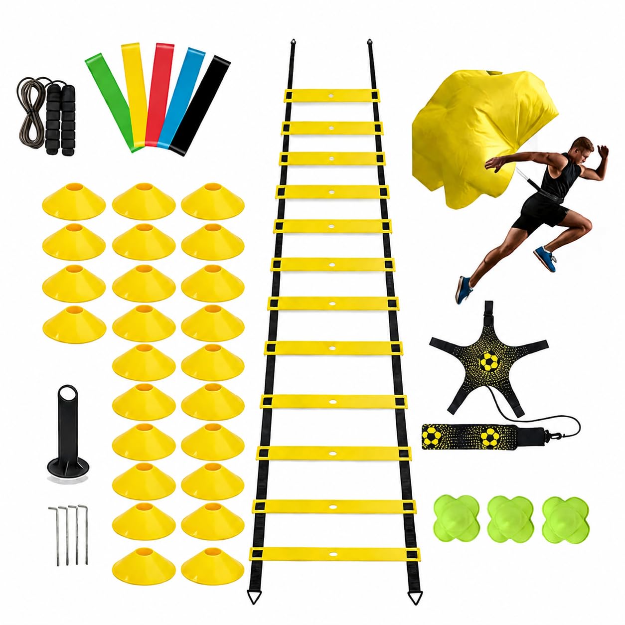 Kit Completo Allenamento Coordinazione Ostacoli Altezza Regolabile Paracadute Resistenza Cintura Lombare Cinesini Piatti Segnaposto Tondi