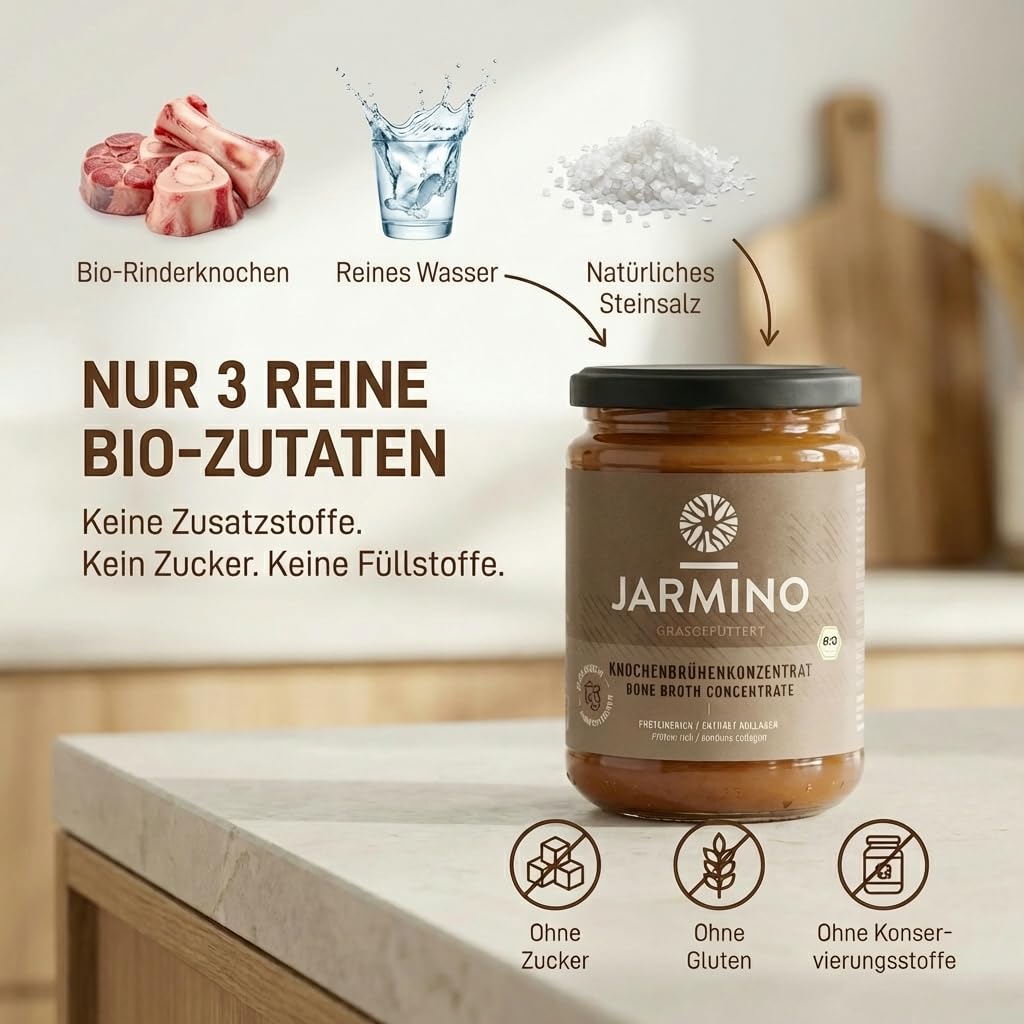 JARMINO Bio Rinderknochenbrühe Konzentrat, Grasgefütterte Knochenbrühe mit Kollagenprotein, 440 g