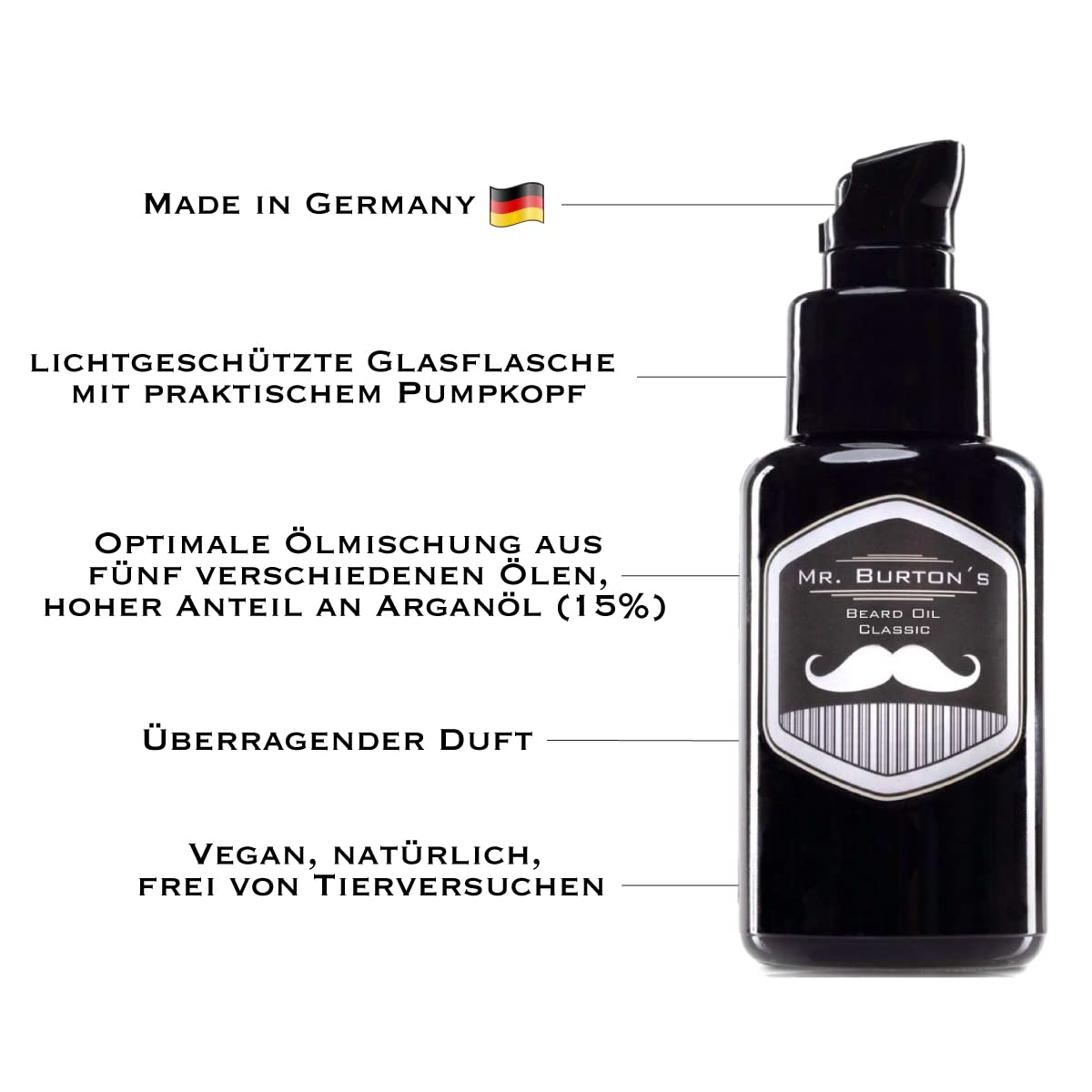 Bartöl Herren - Mr. Burton´s Beard Oil classic mit 15% Arganöl - Made in Germany 50ml fördert gesundes Bart Wachstum - Bartpflege für Männer