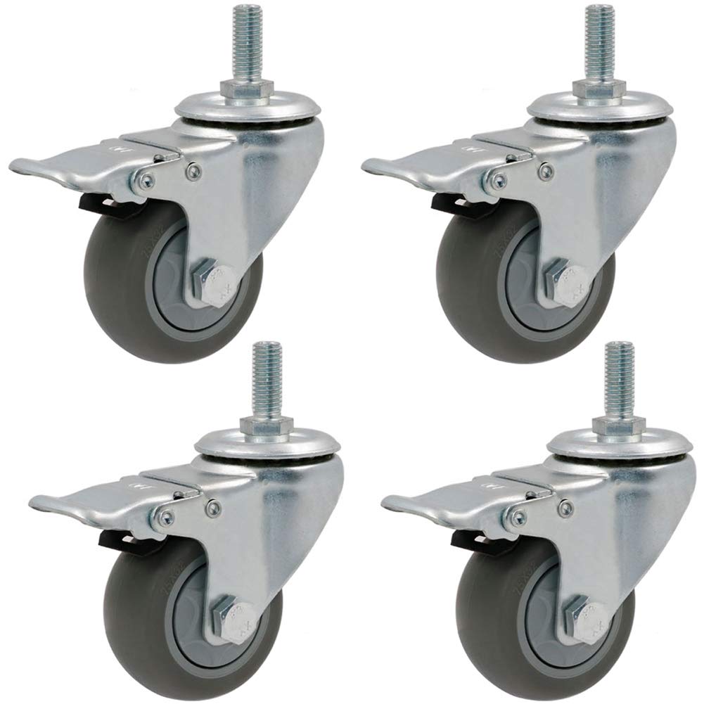 Castor 3''/4''/5'' Rubber Casters Thread M12 Heavy Duty 300-400Kg Wheels For Hospital Furniture Castors Swivel With Brake Silent Tpr Double Bearing For Sofa Bed Workbench 4 Pcs